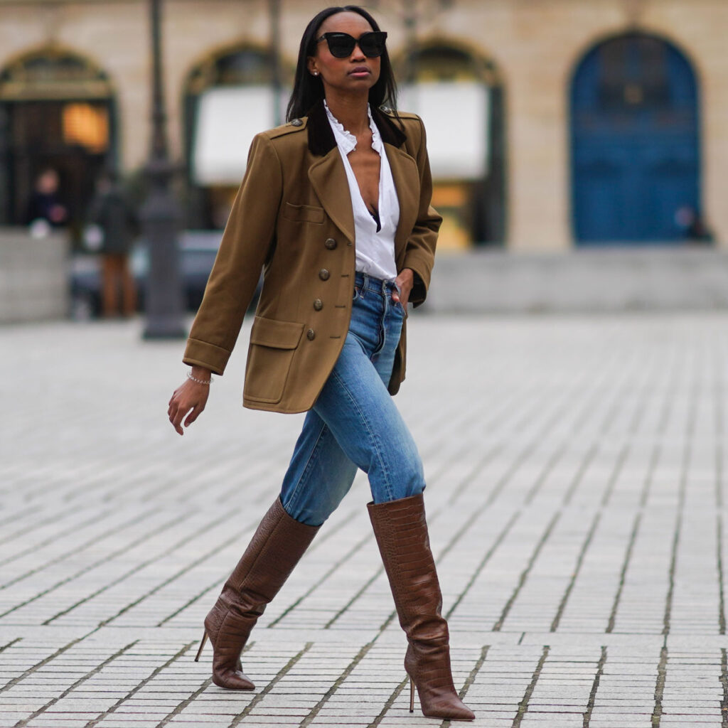 Crocodile-Effect Boots with Tailored Blazer and Denim — Knee High Boots Outfits