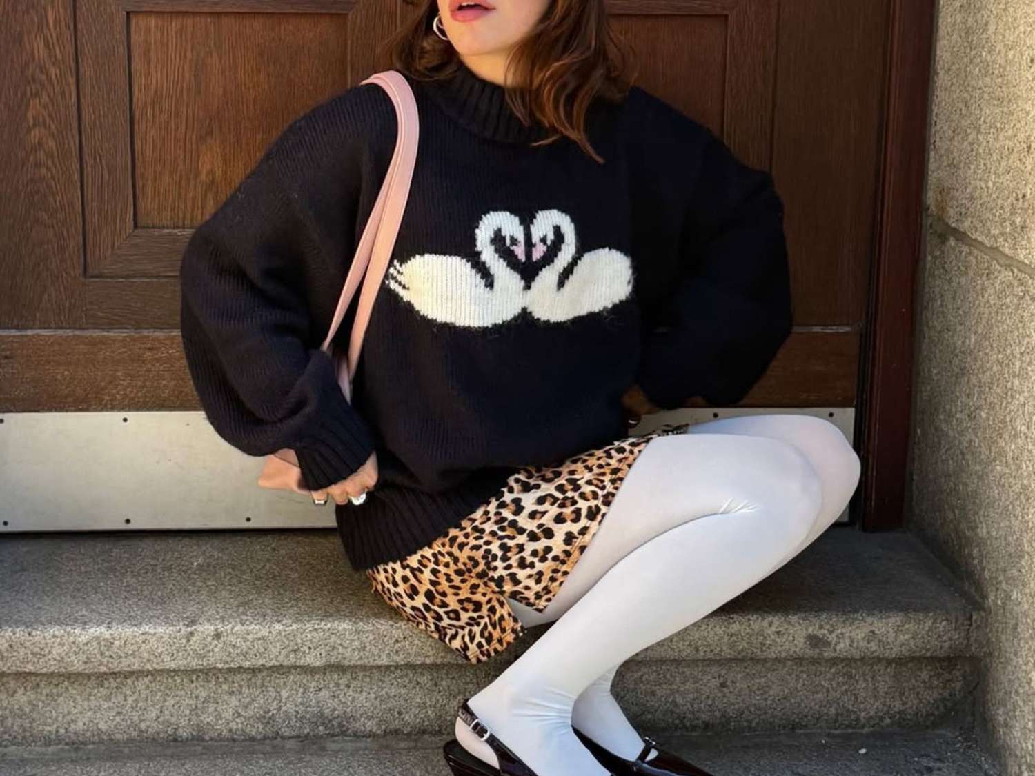 White Sheer Tights with a Swan Print Sweater and Leopard Skirt White Sheer Tights with a Swan Print Sweater and Leopard Skirt — Tights Outfits