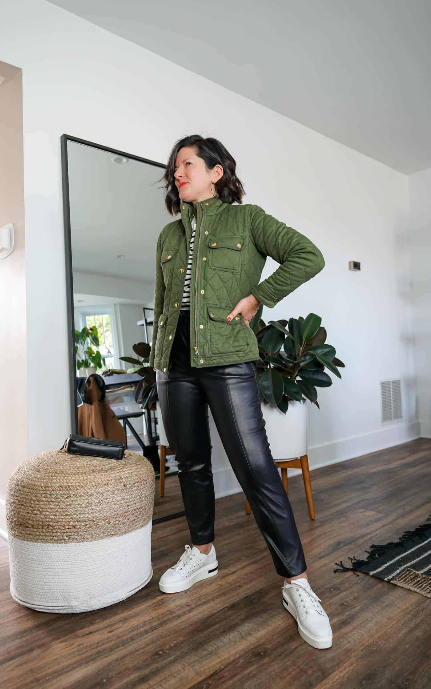 Casual Layered Look: Leather Pants with Striped Top and Quilted Jacket — Leather Pants Outfits
