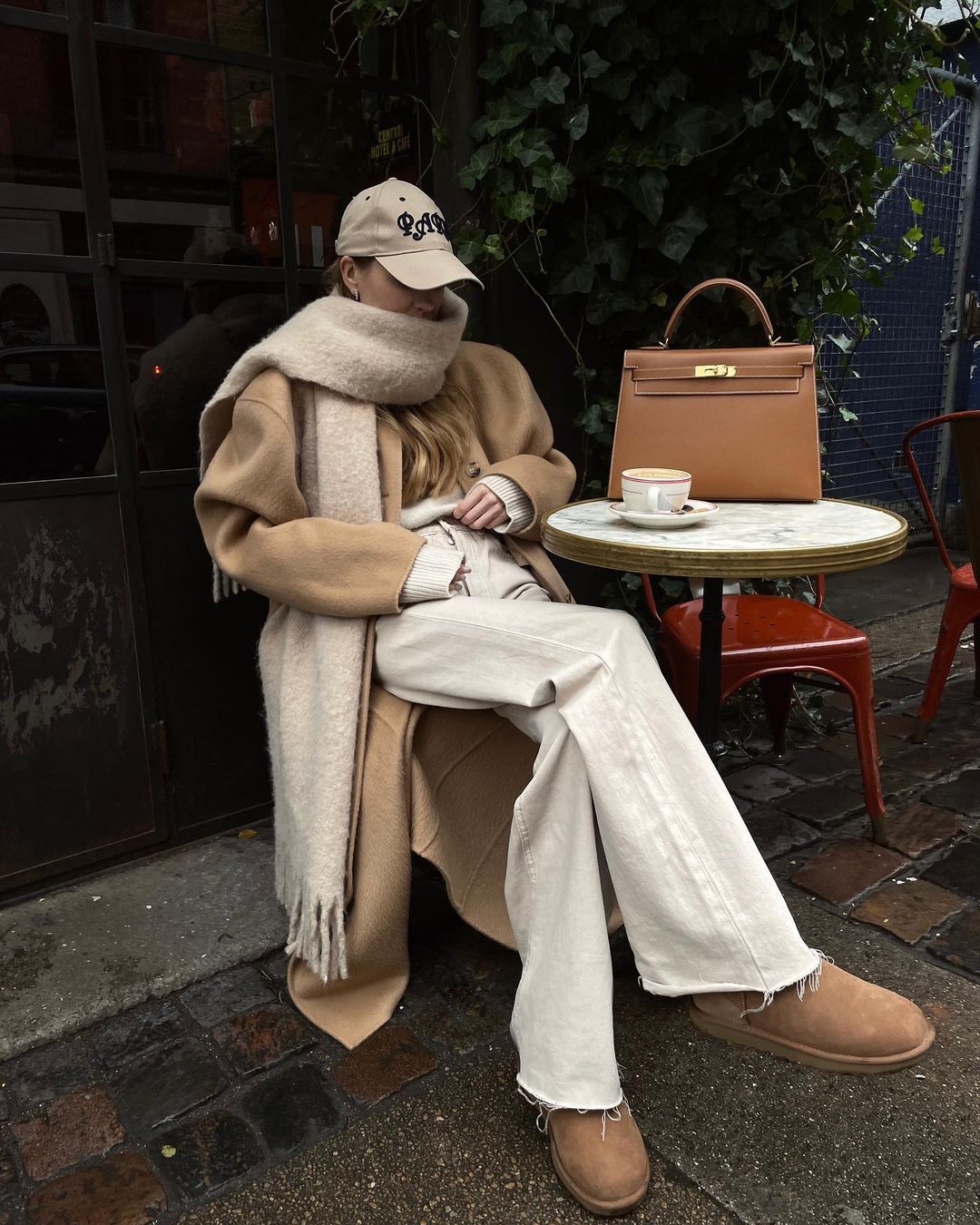 Oversized Beige Scarf Adds Texture to a Camel Coat and Cream Jeans — Scarf Outfits