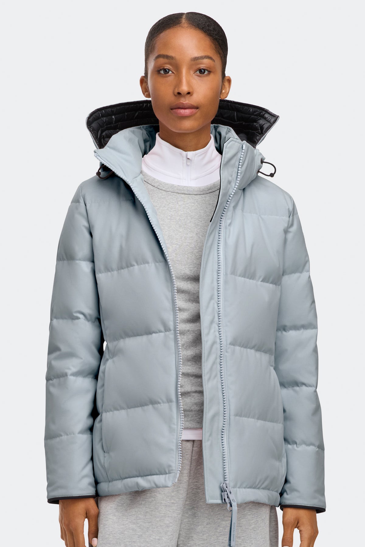 Light Blue Puffer Jacket with Contrasting Hood Detail — Winter Jackets for Women