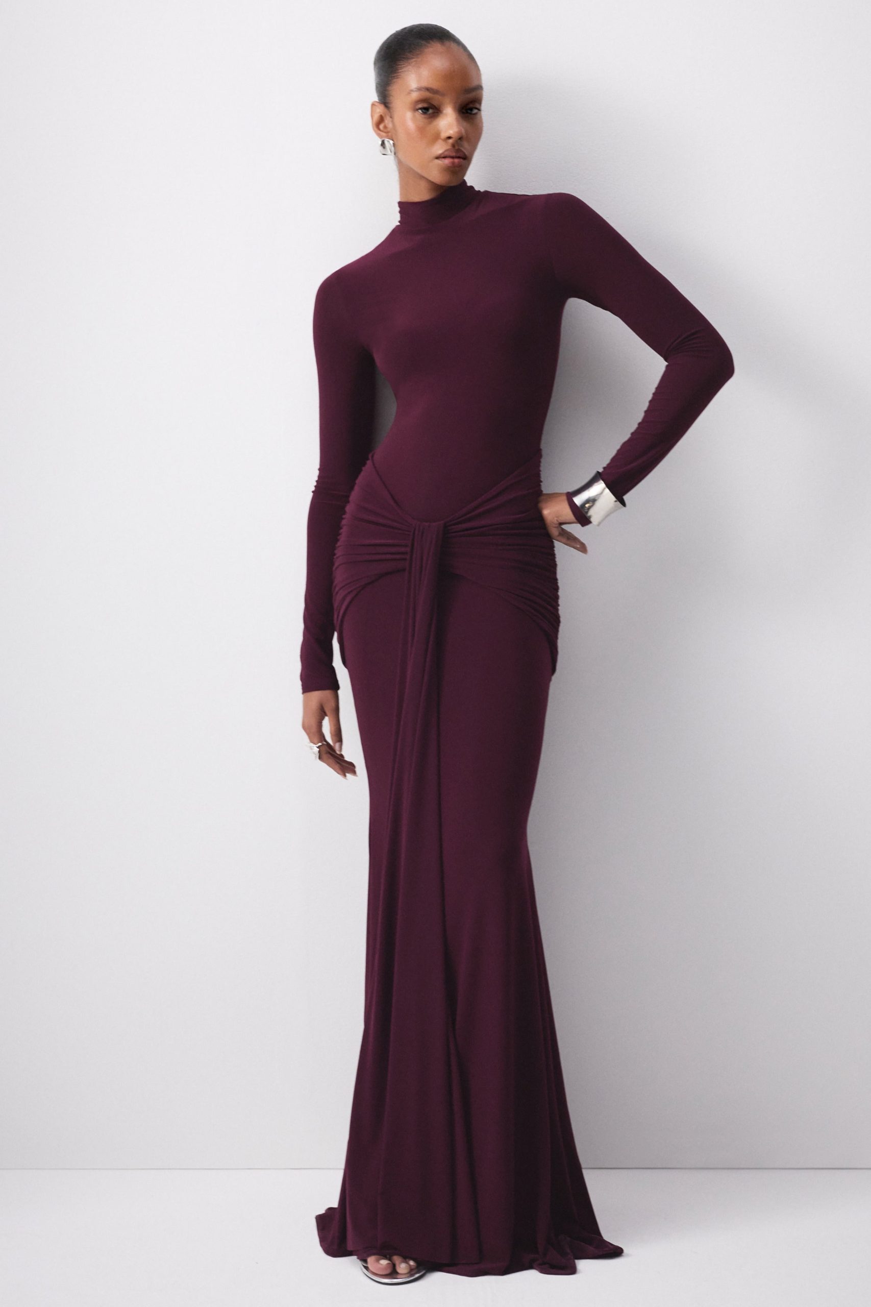 Deep Burgundy Mock-Neck Dress with Draped Detail Deep Burgundy Mock-Neck Dress with Draped Detail — Winter Wedding Guest Outfits