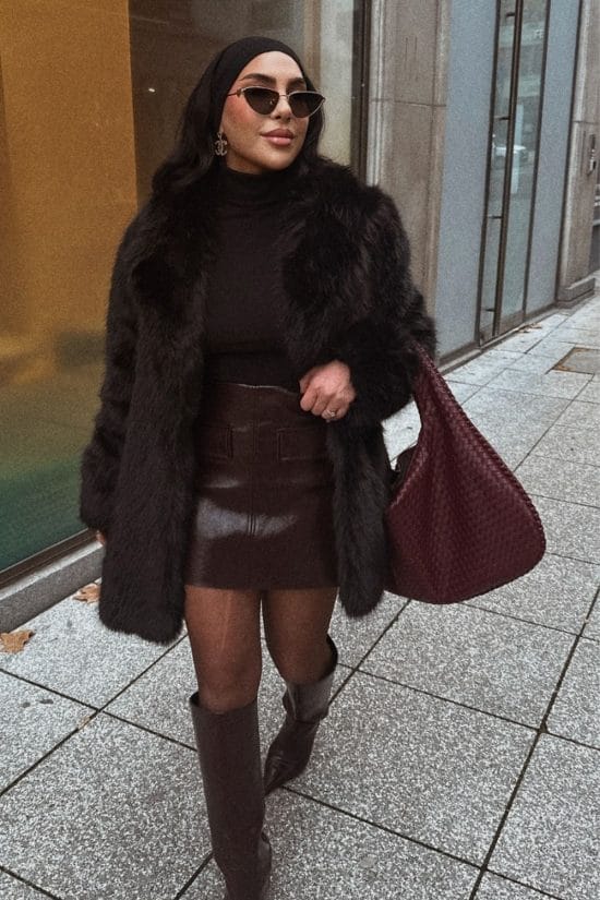 Black Faux Fur Coat Over Leather-Look Mini Skirt for Evening Chic — Dressy Winter Outfits
