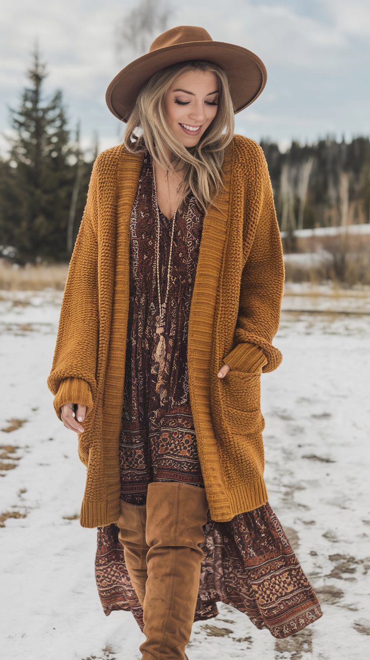 Longline Cardigan and Patterned Dress for a Cozy Outdoor Vibe — Boho Winter Outfits