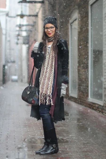 Textural Mix: Faux Fur Coat with Multiple Scarves and Boots — Chicago Winter Outfits