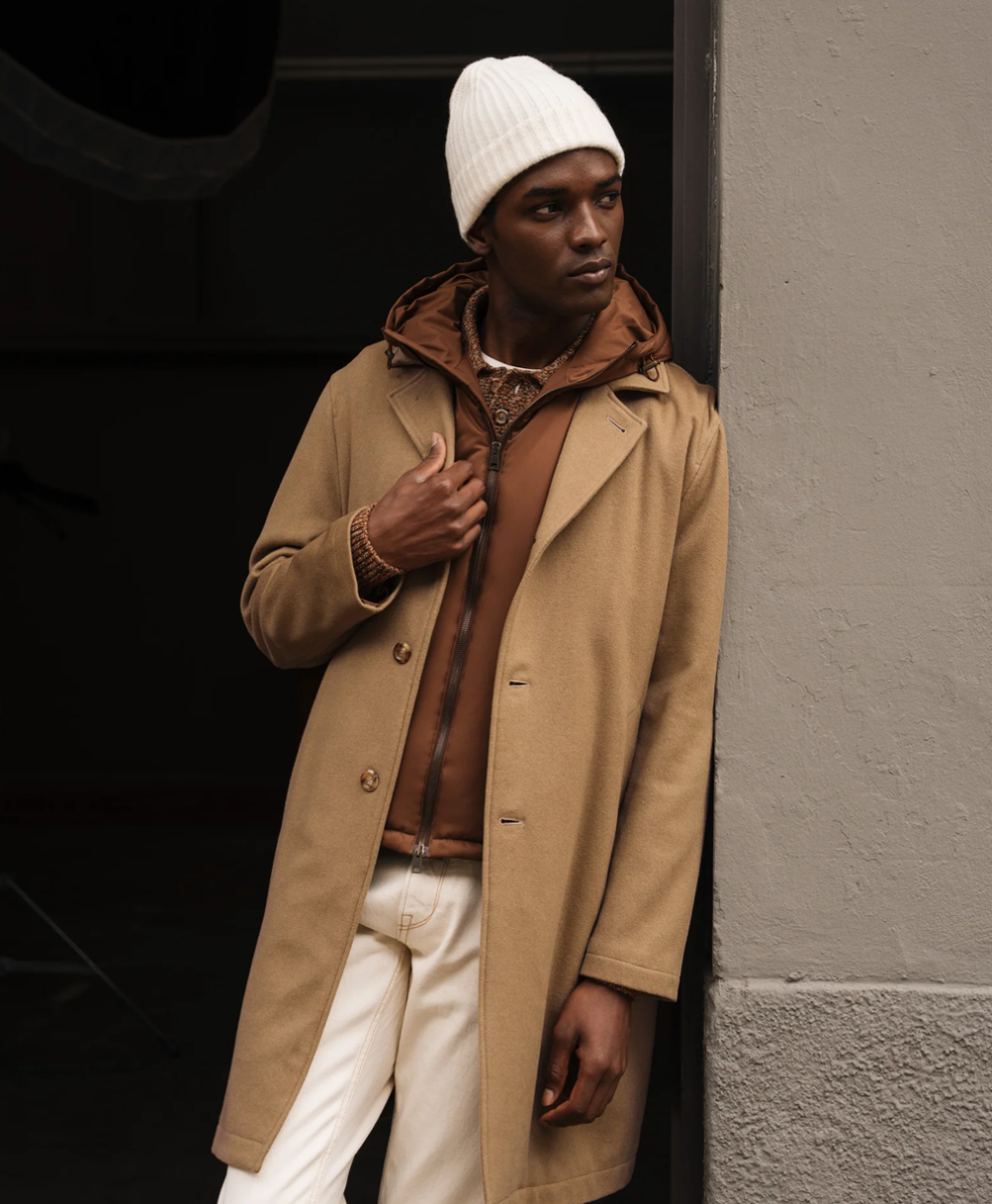 Layered Warmth: Camel Overcoat with Vest and Hoodie Layered Warmth: Camel Overcoat with Vest and Hoodie — Winter Outfits for Men