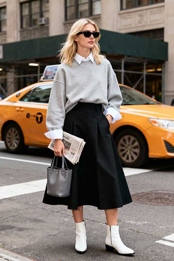 Black A-Line Midi Skirt with Sweatshirt and Collared Shirt Layering — Winter Skirt Outfits