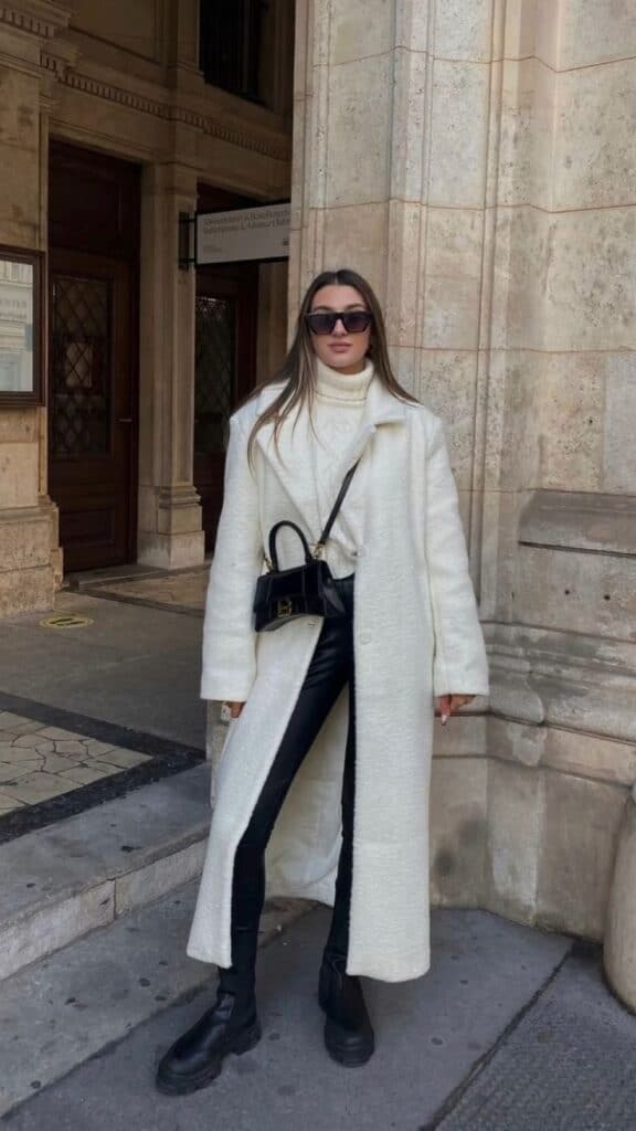Monochrome White Textured Coat Over Black Faux Leather — Italy Winter Outfits