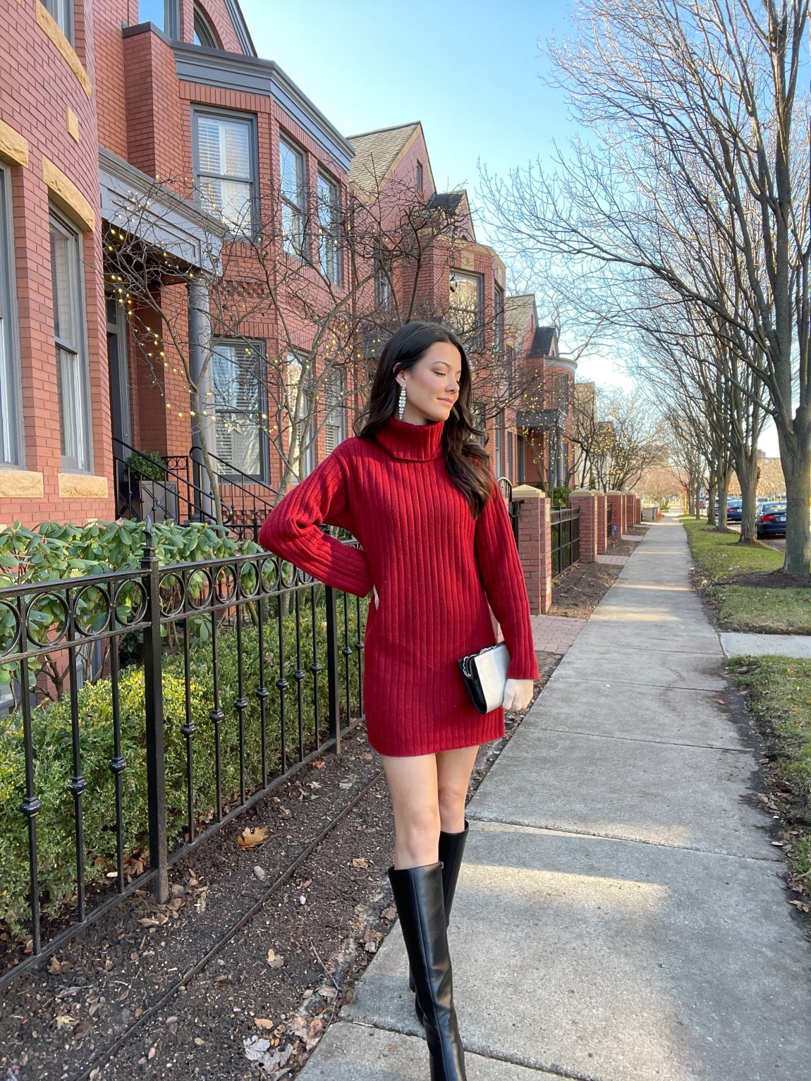 Red Turtleneck Mini Sweater Dress with Knee-High Boots Red Turtleneck Mini Sweater Dress with Knee-High Boots — Sweater Dress Outfits