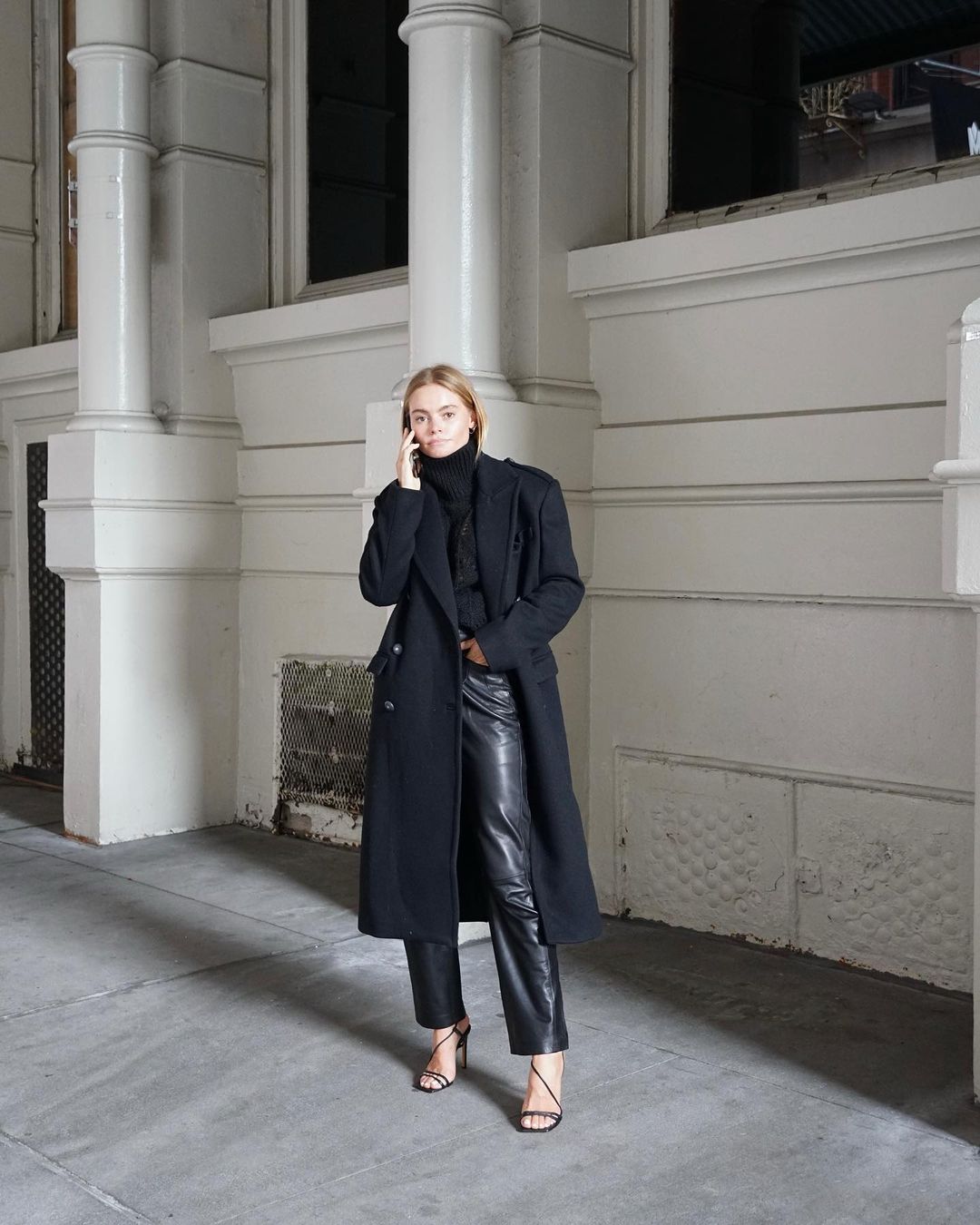 Sleek Black Monochromatic Look with Leather Pants — Winter Date Night Outfits