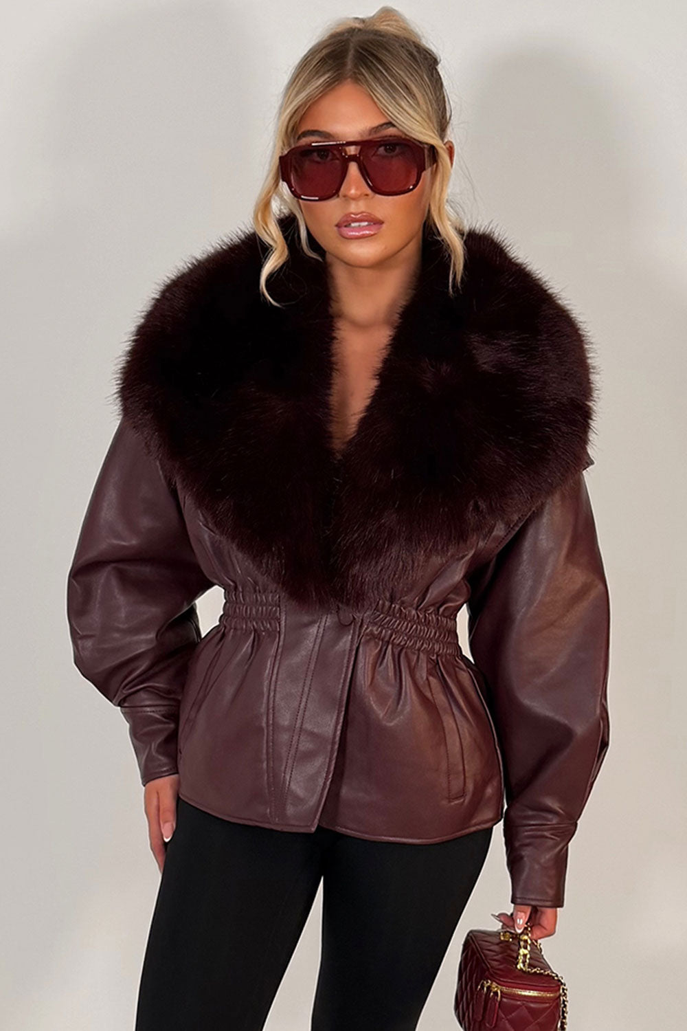 Burgundy Faux Leather Jacket with Dramatic Faux Fur Collar — Winter Jackets for Women