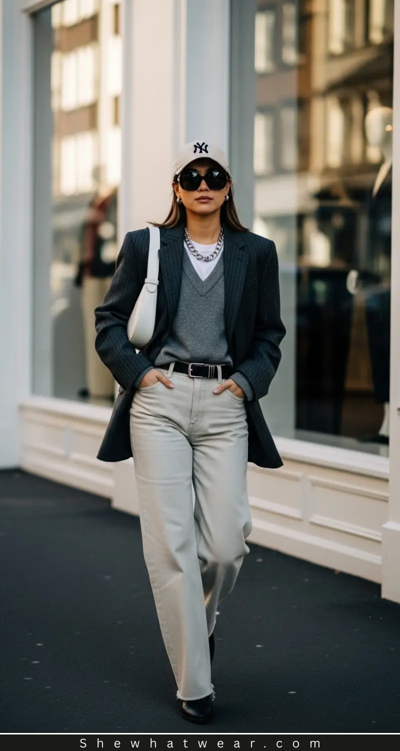 Pinstripe Blazer and Smart Trousers with Baseball Cap for a Concert — Winter Concert Outfits