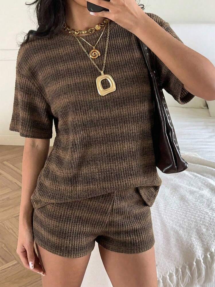 Striped Ribbed Knit Top and Shorts for Casual Comfort — Knit Set Outfits