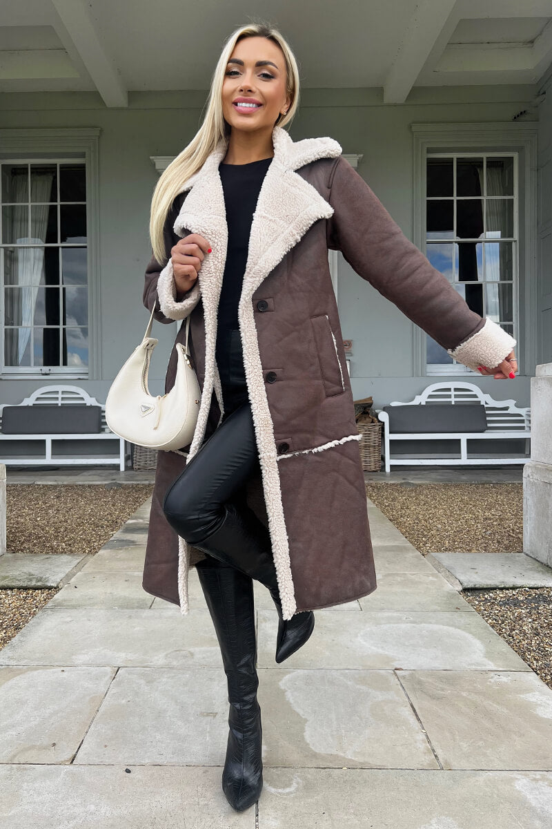 Longline Brown Shearling Coat with Leather Trousers Longline Brown Shearling Coat with Leather Trousers — Shearling Coat Outfits