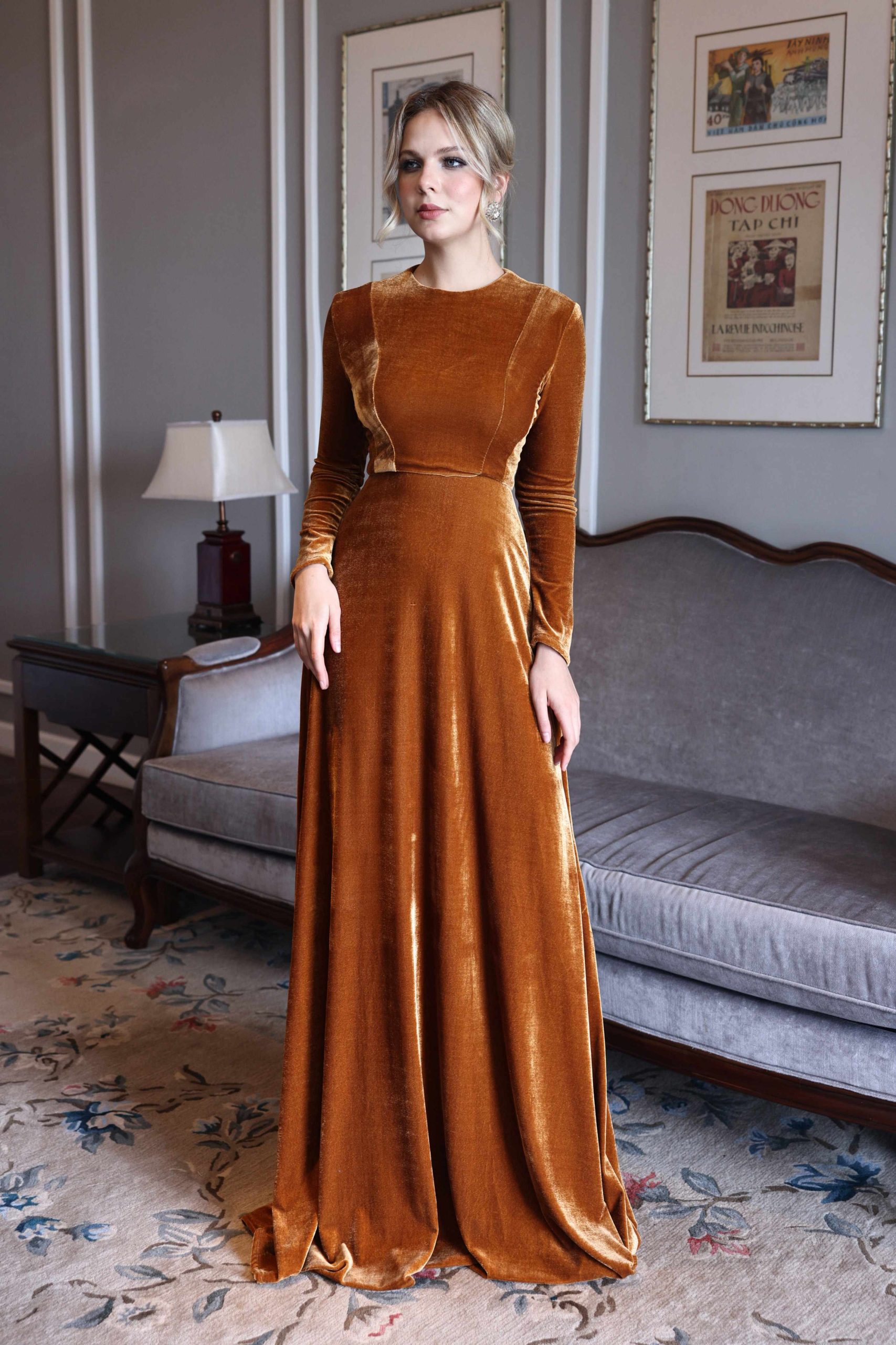 Ochre Long-Sleeve Velvet Dress with A-Line Skirt Ochre Long-Sleeve Velvet Dress with A-Line Skirt — Winter Formal Dresses