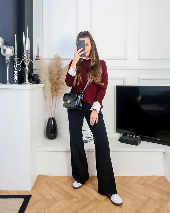 Burgundy Sweater Over White Shirt with Black Wide-Leg Pants — Burgundy Outfits