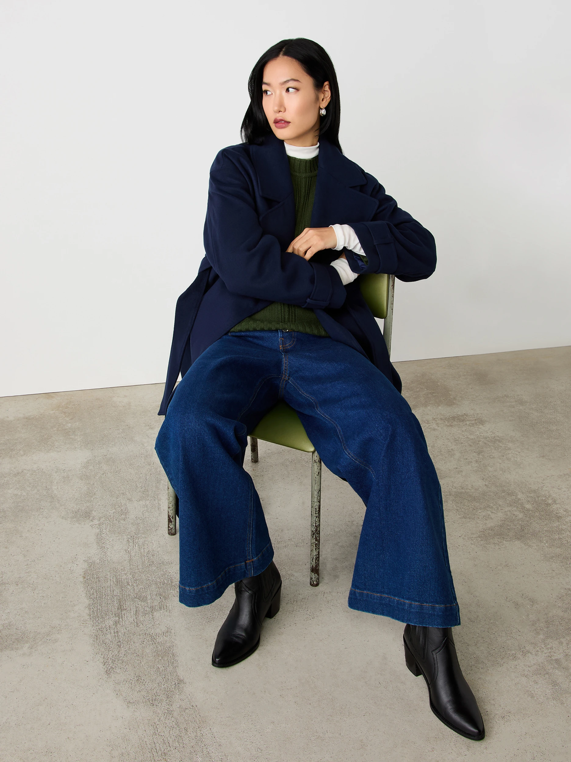 Western-Style Boots with Wide-Leg Jeans and Oversized Coat — Ankle Boots Outfits
