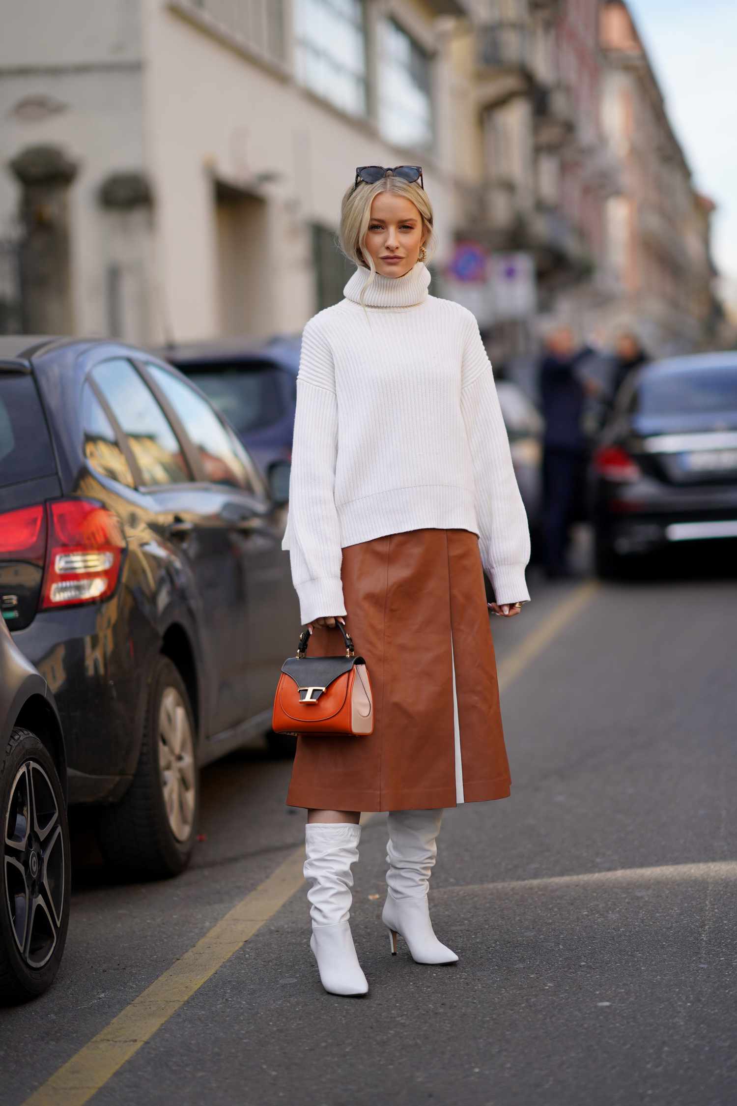 Brown Leather Midi Skirt with Chunky Knit Turtleneck — Winter Skirt Outfits