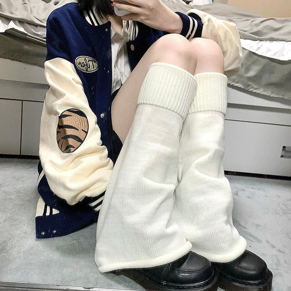 Streetwear Cool: White Leg Warmers with Baseball Jacket — Leg Warmers Outfits
