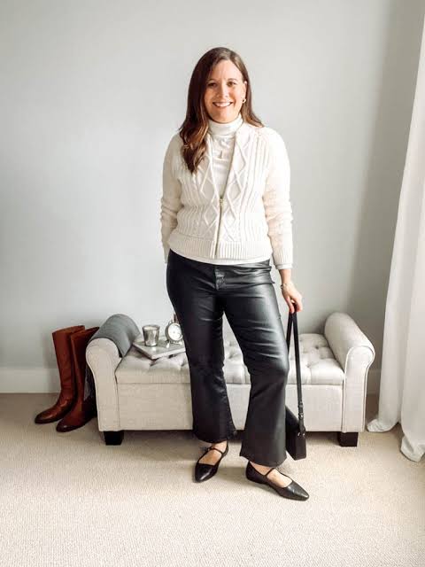 Classic Everyday: Leather Pants with Turtleneck and Cable-Knit Cardigan Classic Everyday: Leather Pants with Turtleneck and Cable-Knit Cardigan — Leather Pants Outfits