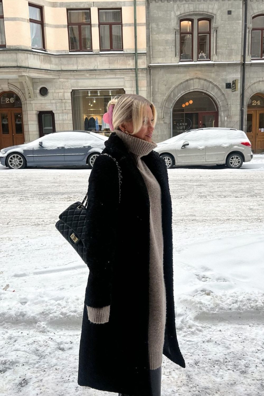 Textured Black Coat Over Knit Dress for Winter Days — Europe Winter Outfits