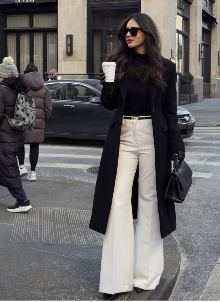 Sharp Black Coat Over Wide-Leg White Trousers — Winter Outfits