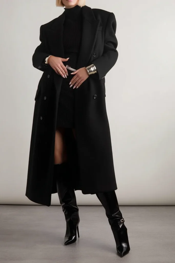 Double-Breasted Coat Over Knit Dress with Patent Boots — All Black Winter Outfits