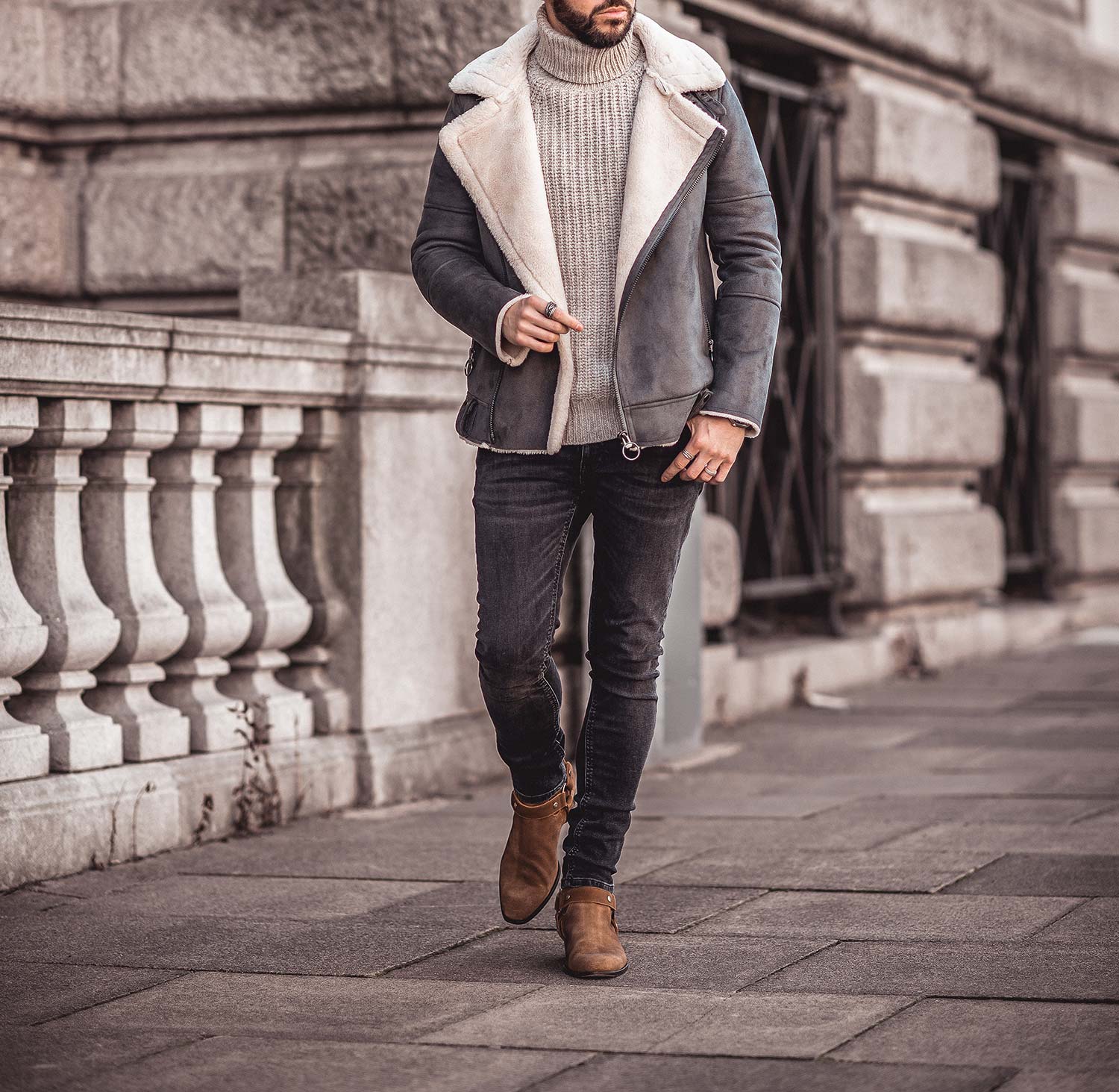 Cozy Winter Style: Shearling Jacket and Turtleneck Cozy Winter Style: Shearling Jacket and Turtleneck — Winter Outfits for Men