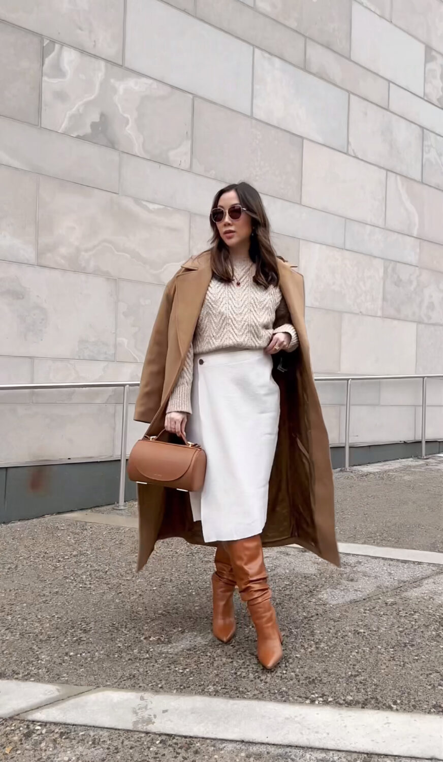 Wool Coat Knit Sweater Textured Skirt Outfit Idea — Neutral Winter Outfits
