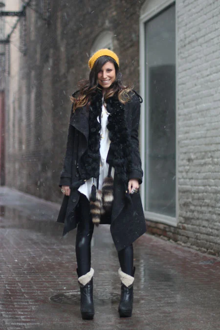 Statement Winter Coat: Fur-Trimmed Trench with Yellow Beanie — Chicago Winter Outfits