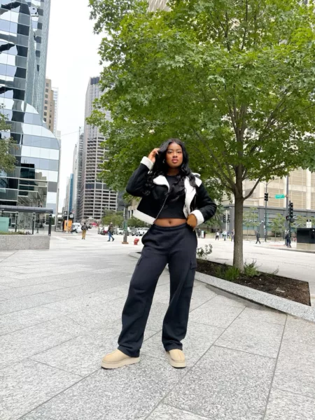 Leather Jacket and Wide-Leg Pants with Orange Uggs — Ugg Slippers Outfits