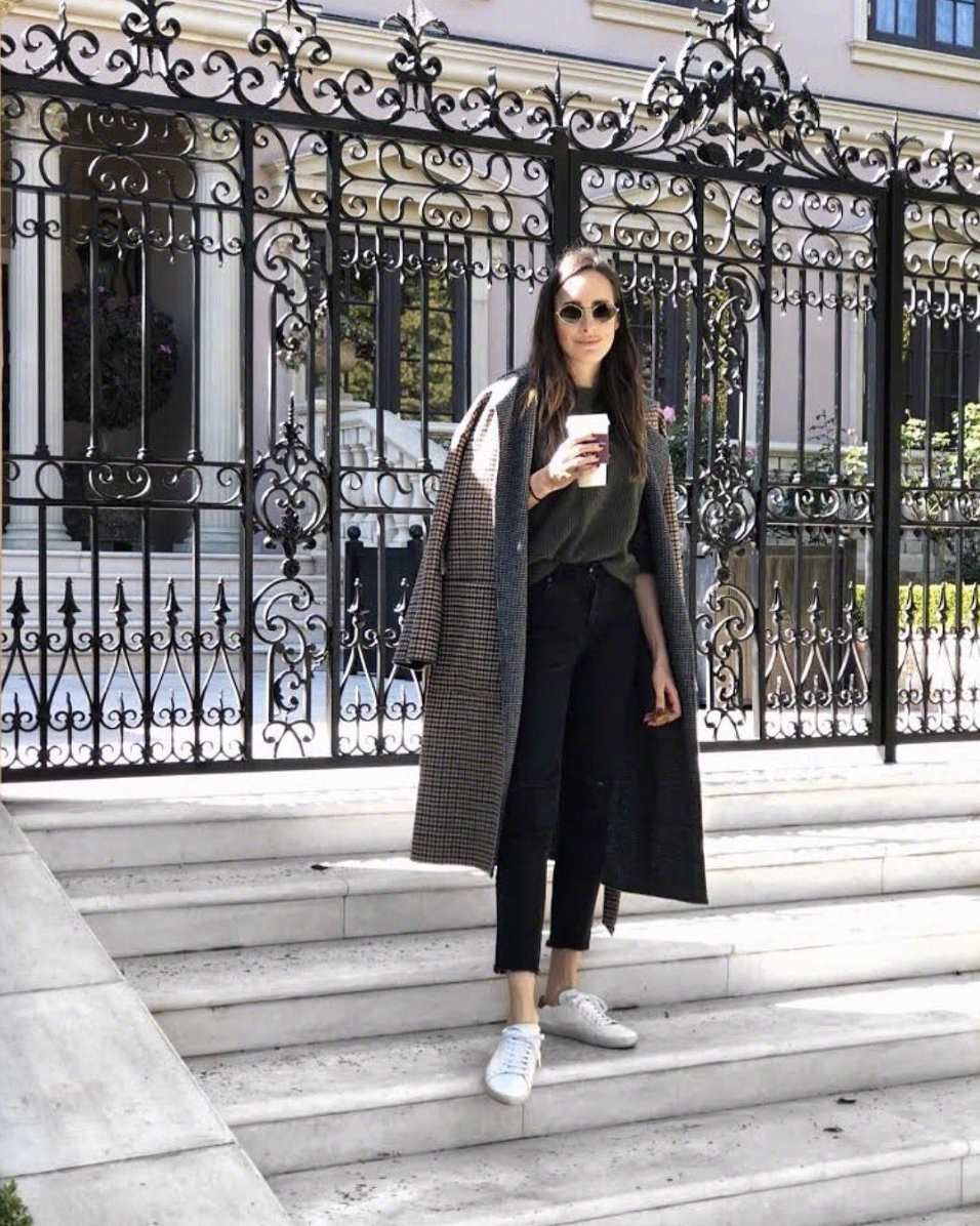 Pattern Play: Patterned Coat and Knit with Skinny Jeans and Sneakers Pattern Play: Patterned Coat and Knit with Skinny Jeans and Sneakers — Winter Outfits with Sneakers