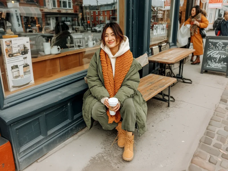 Olive Green Puffer Coat with Corduroy for Winter Warmth — Comfy Winter Outfits