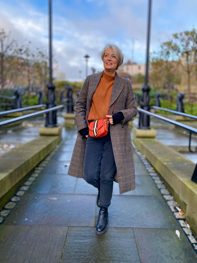 Checked Tweed Coat with Orange Turtleneck for a Colorful Winter Ensemble — Late Winter Outfits