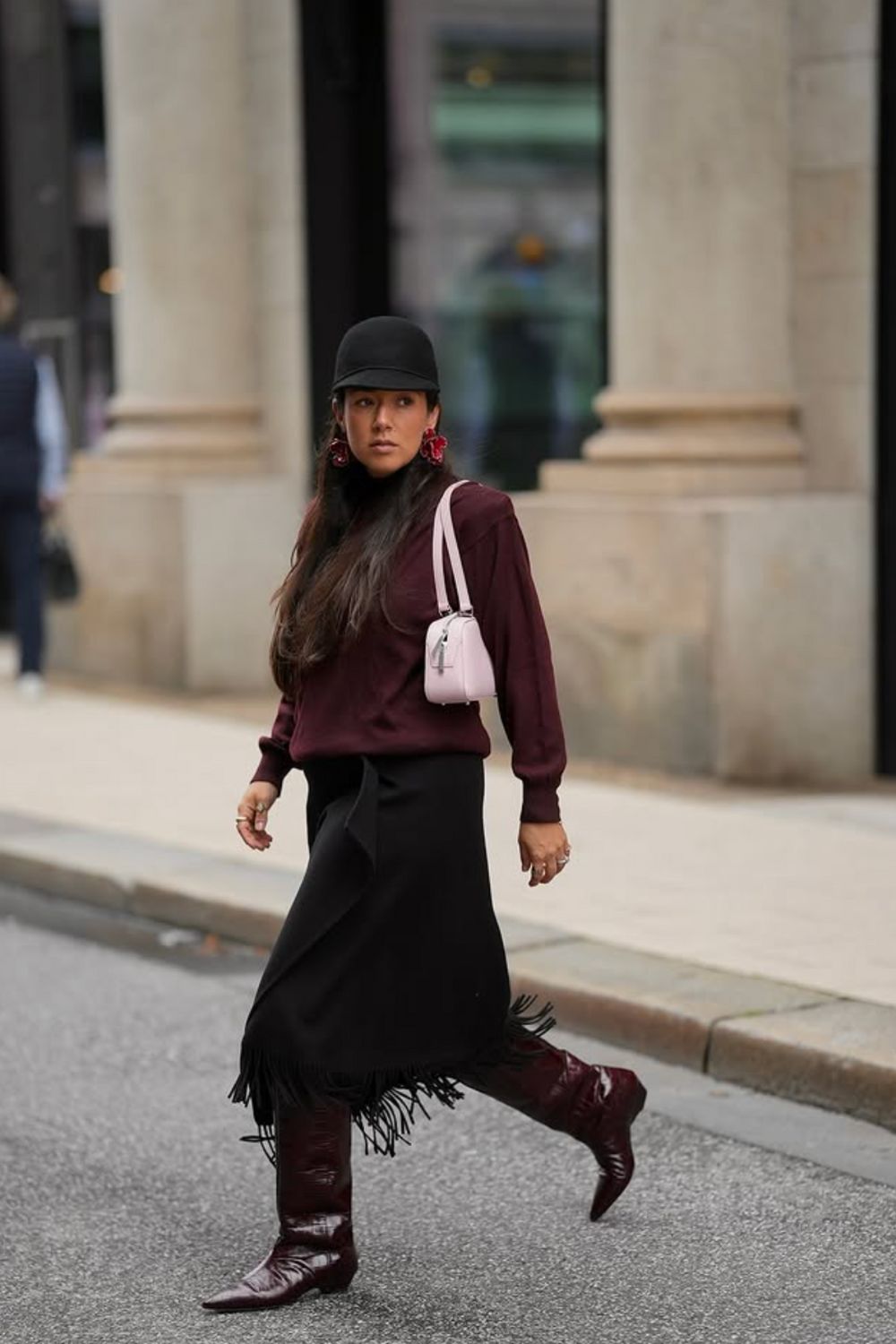 Burgundy Turtleneck with Fringe Detail Wrap Skirt — Burgundy Outfits
