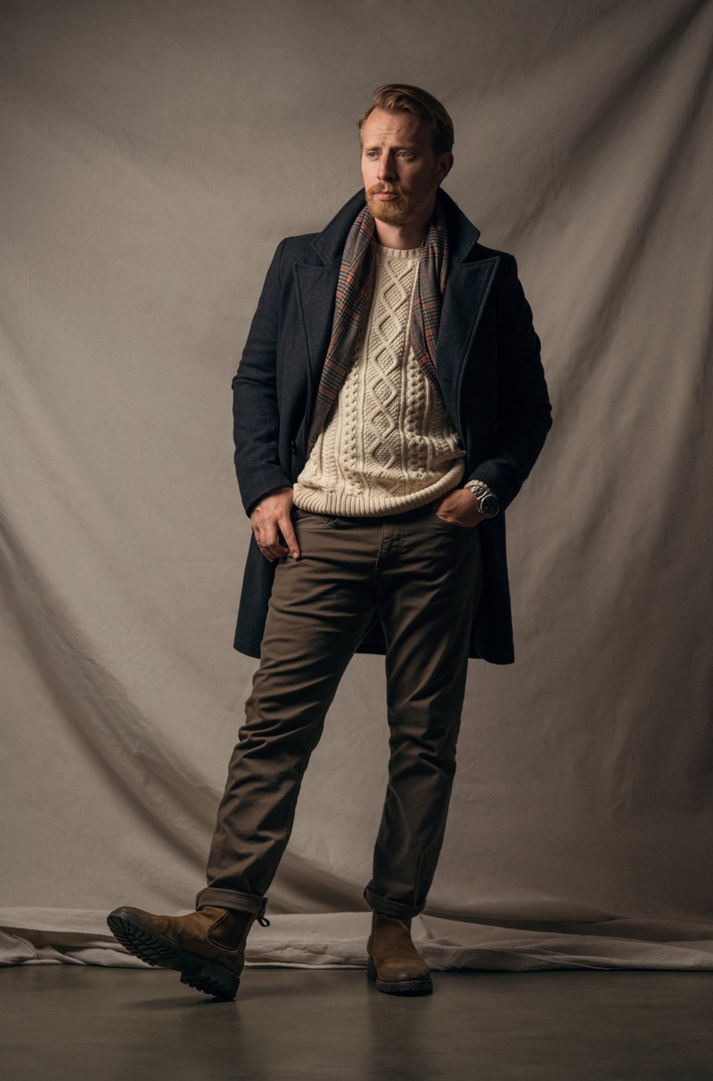 Classic Winter Warmth: Grey Overcoat and Cable Knit Classic Winter Warmth: Grey Overcoat and Cable Knit — Winter Outfits for Men