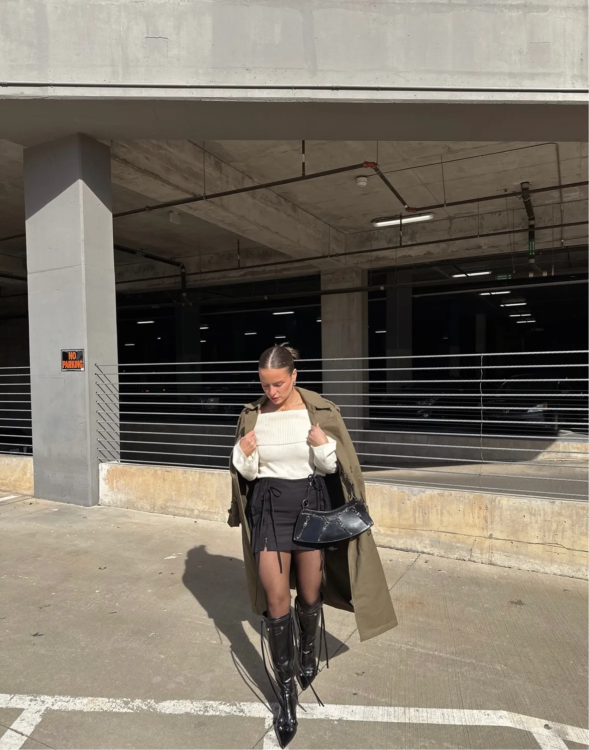 Patent Leather Boots with a Khaki Trench Coat — Y2K Winter Outfits