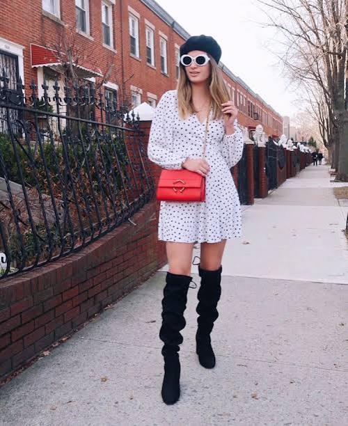Polka Dot Dress and Denim Jacket with Black Boots and Beret — Knee High Boots Outfits