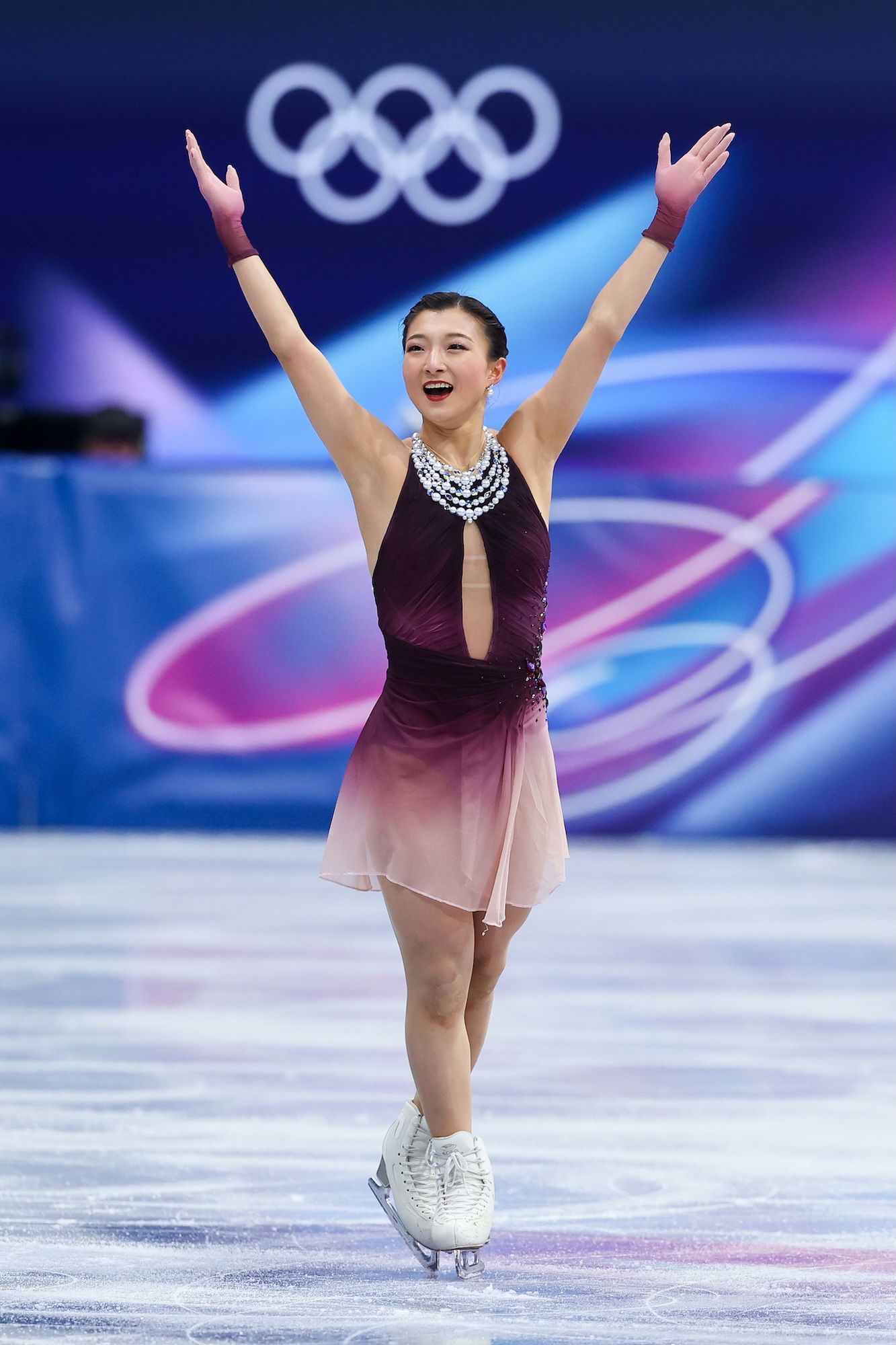 Plum to Pink Ombre Dress with Sheer Overlay and Statement Necklace — Ice Skating Outfits