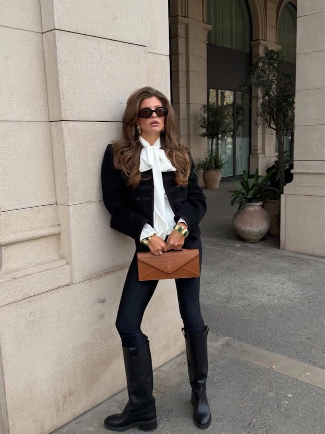 Chic Daytime Elegance with Black Boots and Pussy-Bow Blouse — Riding Boots Outfits
