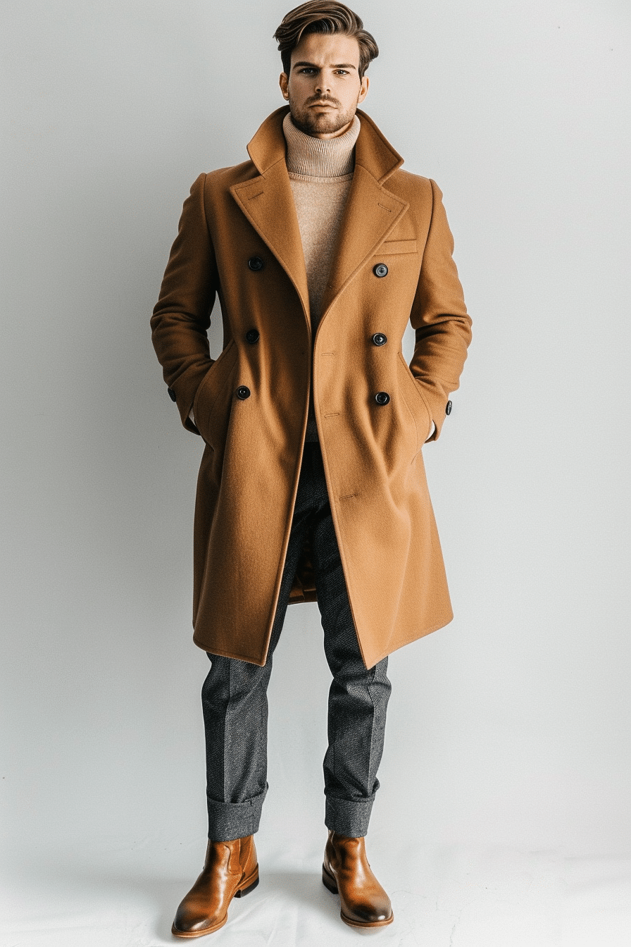 Elegant Winter Dressing: Camel Wool Overcoat and Turtleneck Elegant Winter Dressing: Camel Wool Overcoat and Turtleneck — Winter Outfits for Men