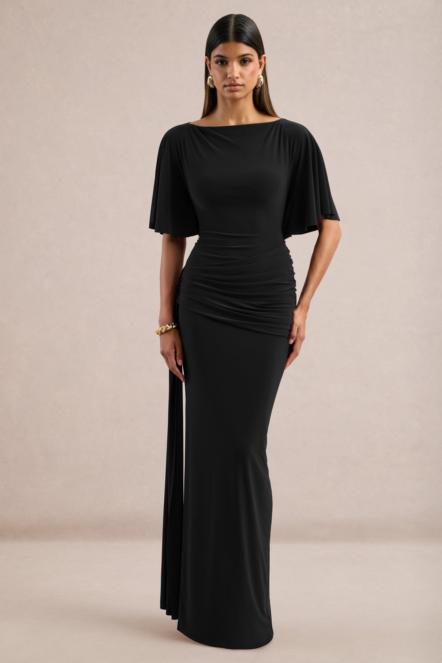 Black Draped Sleeve Jersey Maxi Dress Black Draped Sleeve Jersey Maxi Dress — Winter Wedding Guest Outfits