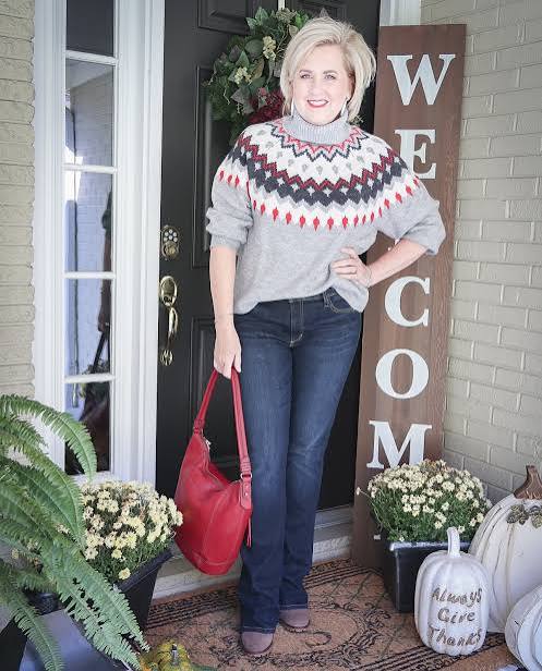 Grey Fair Isle Sweater with Red Handbag Grey Fair Isle Sweater with Red Handbag — Fair Isle Sweater Outfits
