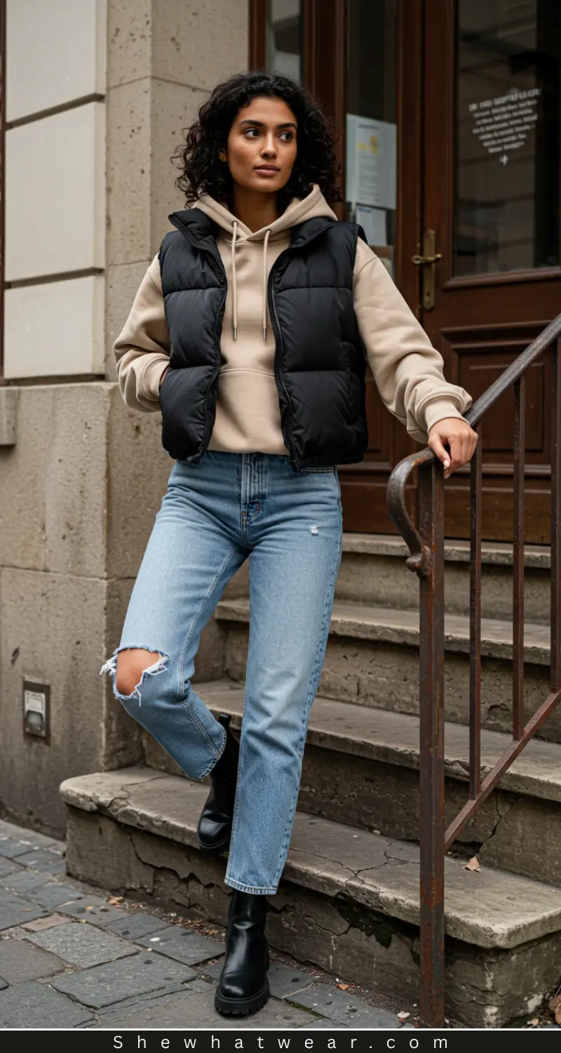 Black Puffer Vest Beige Hoodie Outfit Idea Black Puffer Vest Beige Hoodie Outfit Idea — Puffer Vest Outfits