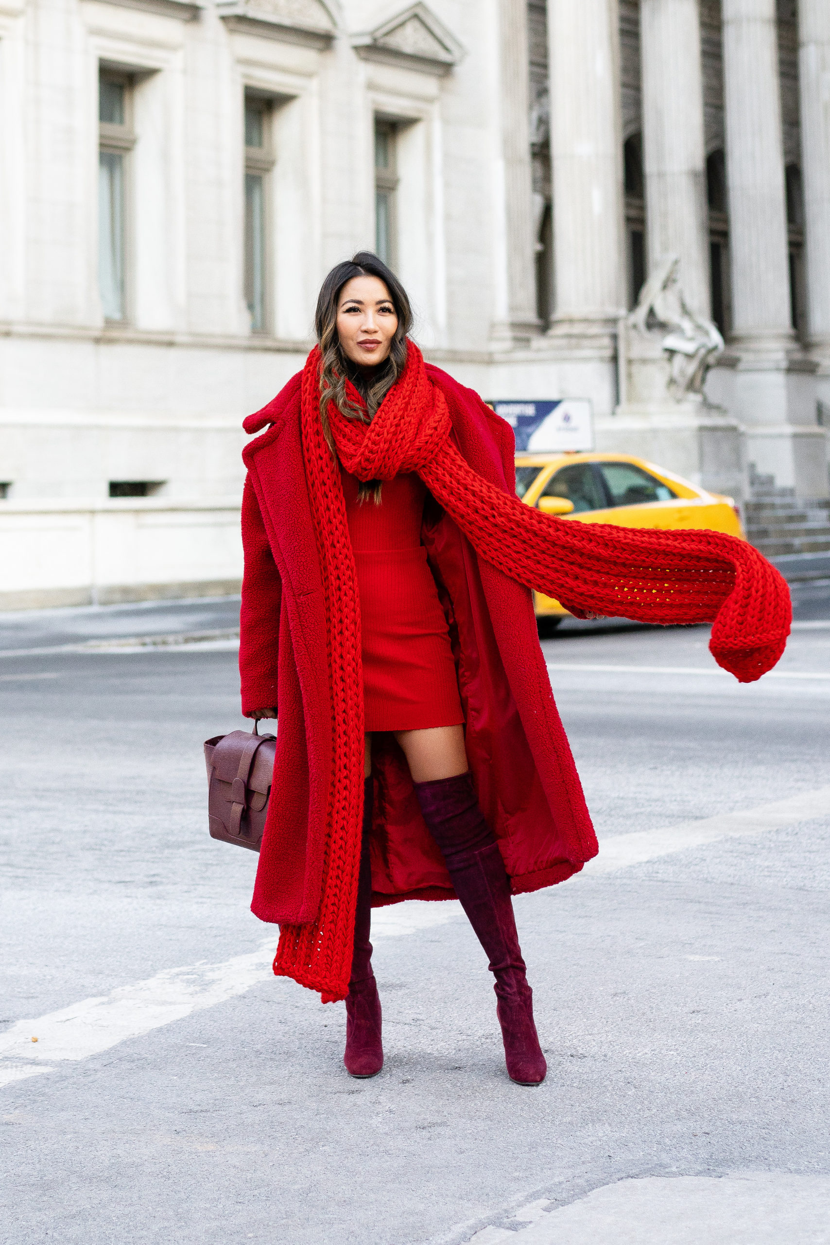 Monochromatic Red Outfit with an Oversized Wool Coat — Colorful Winter Outfits