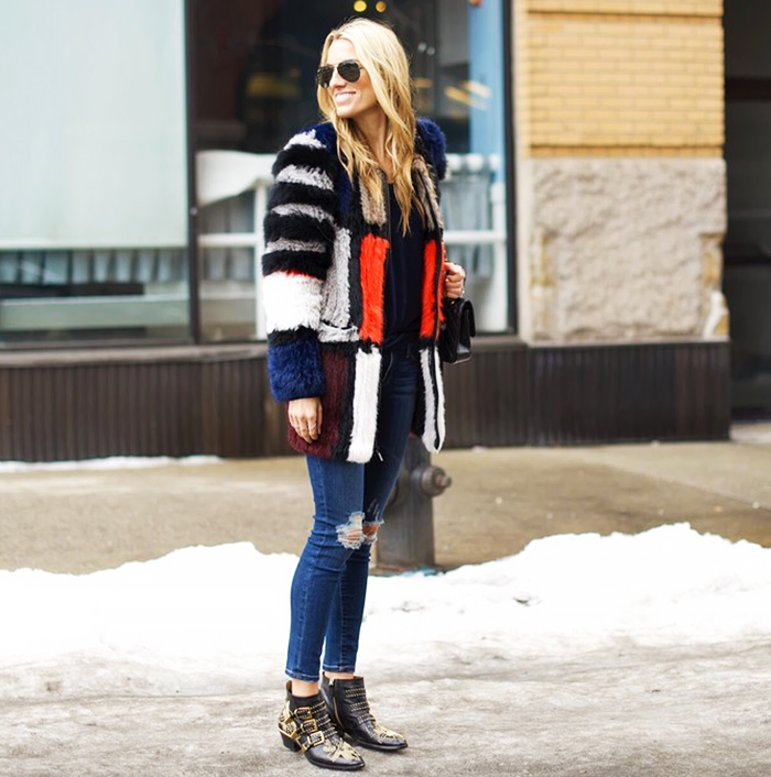 Patchwork Faux Fur Coat Over Blue Ripped Jeans — Colorful Winter Outfits