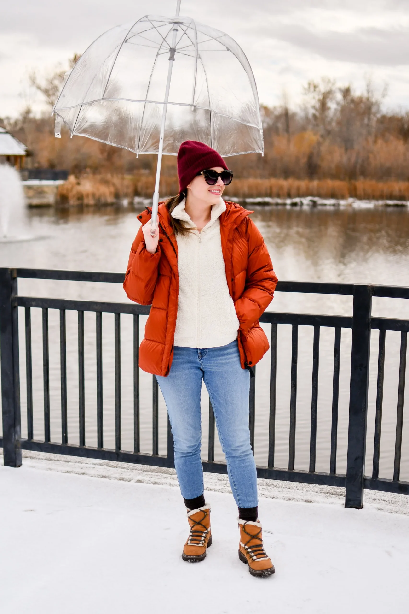 Shearling Trim Boots with Bright Puffer — Winter Boots Outfits