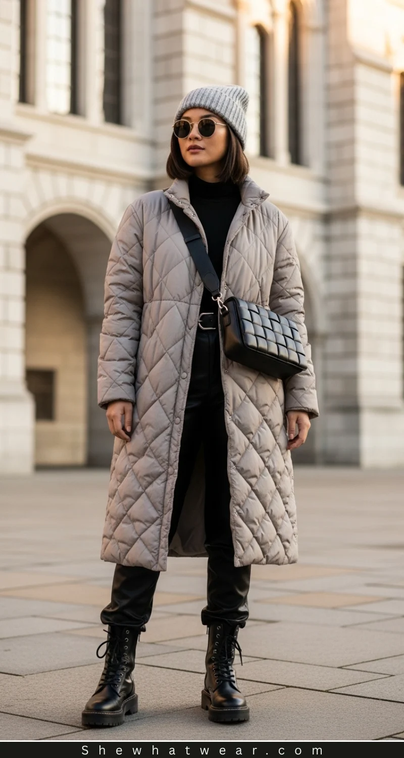 Black Lace-Up Boots Outfit Idea Black Lace-Up Boots Outfit Idea — Long Puffer Coat Outfits