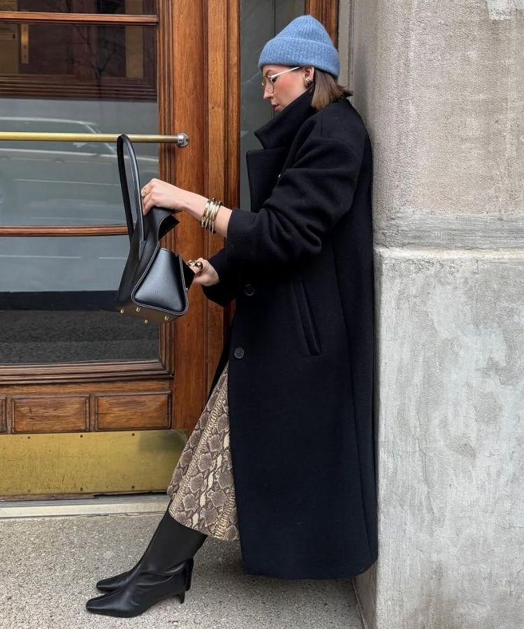 Wool Coat Meets Snakeskin Midi Skirt — Japan Winter Outfits