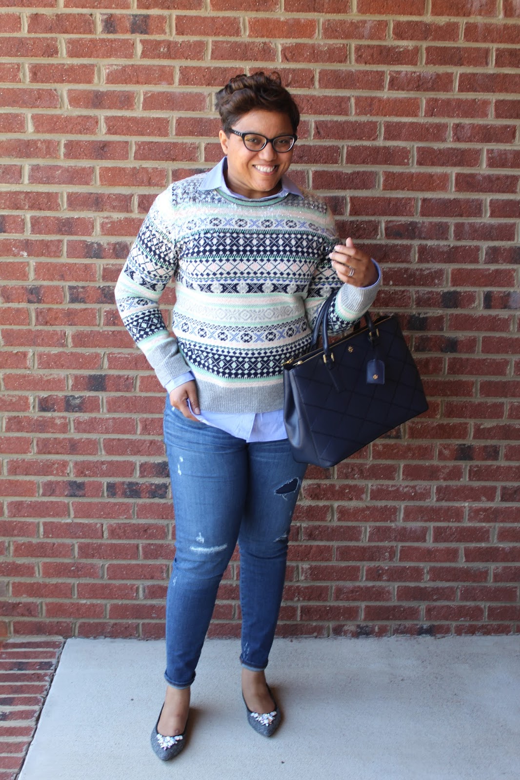 Blue Fair Isle Sweater with Distressed Jeans Blue Fair Isle Sweater with Distressed Jeans — Fair Isle Sweater Outfits